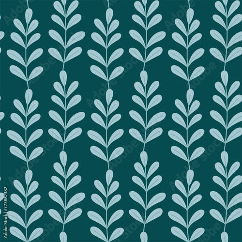 Hand draw seamless pattern with blue leaves. Vector background in flat style 