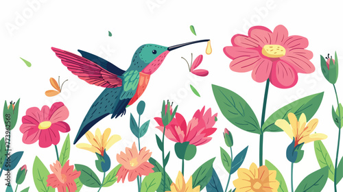 Cartoon hummingbird sipping nectar from flowers