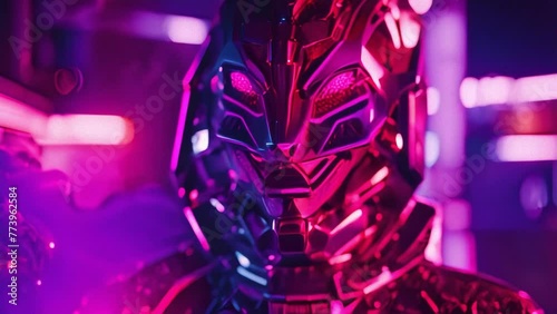 futuristic robot's head illuminated by the vibrant hues
