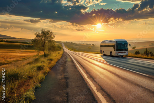 Sunset Journey: Bus Travelling Along a Rural Road at Dusk © Natalia Klenova