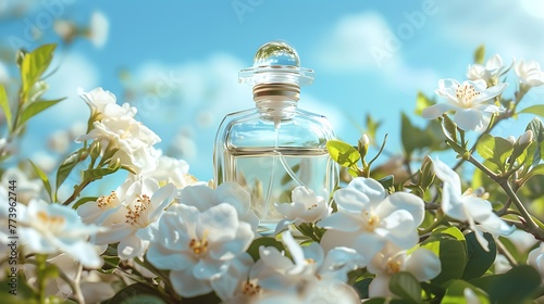 Transparent bottle of perfume surrounded by white gardenia flowers on blue sky background. Floral perfume bottle with white blooming flowers. Generative Ai