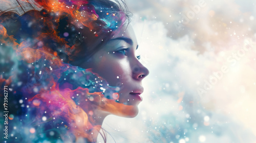 Cosmic Dreamscape: Ethereal Woman Merged with Vibrant Nebula © Natalia Klenova