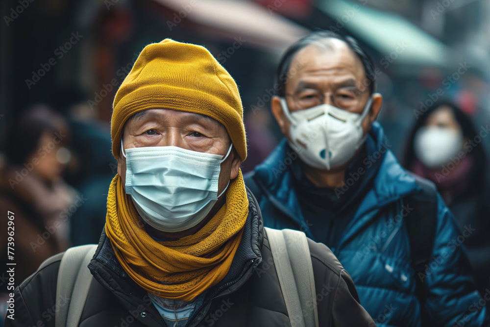 men and woman wearing masks for health protection.