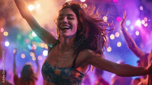 Attractive woman dancing at music festival party. 