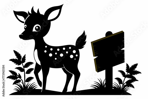 Cute fawn beside wooden sign silhouette black vector illustration