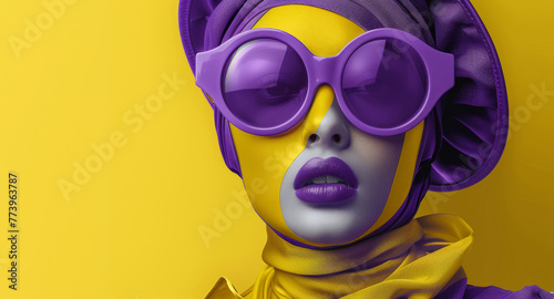 A woman with purple and yellow sunglasses on a yellow background. urple and yellow colors for fashion fashion illustration, photo