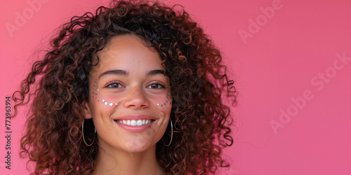 A banner with a curly-haired smiling young brunette, with large rhinestones on her face, on a solid background. Crystal decoration, close-up, copyspace.