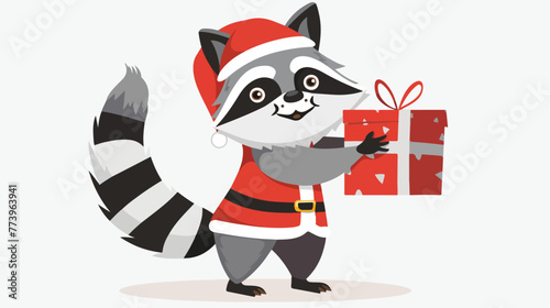Cartoon raccoon in santa claus costume holding a gift © Mishab