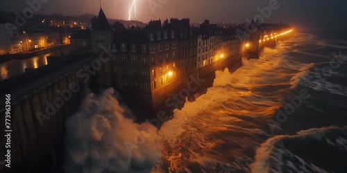Ocean waves crashing against a town in Normandy. © Janis Smits