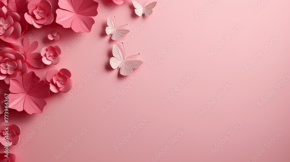 Pink Background With Paper Flowers and Butterflies
