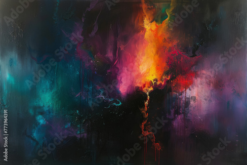 Abstract art against a dark background  where vibrant colors and dynamic shapes intertwine.