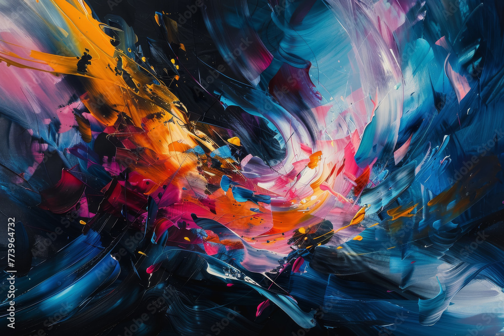 Abstract art against a dark background, where vibrant colors and dynamic shapes intertwine. Abstract art against a dark background, where vibrant colors and dynamic shapes intertwine.