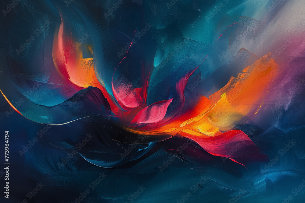 Fototapeta premium Abstract art against a dark background, where vibrant colors and dynamic shapes intertwine.