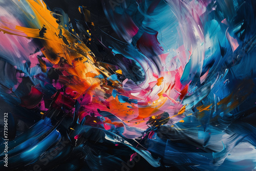 Abstract art against a dark background  where vibrant colors and dynamic shapes intertwine.