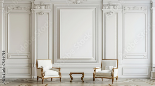 A living room with two chairs and a table in front of a white wall, showcasing modern interior design with furniture made of wood and hardwood flooring photo