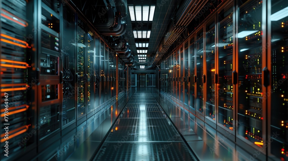 Shot of Corridor in Working Data Center Full of Rack Servers and Supercomputers with High Internet Visualisation Projection. Shot of Corridor in Working Data Center Full of Rack Servers and Supercomputers with High Internet Visualisation Projection.