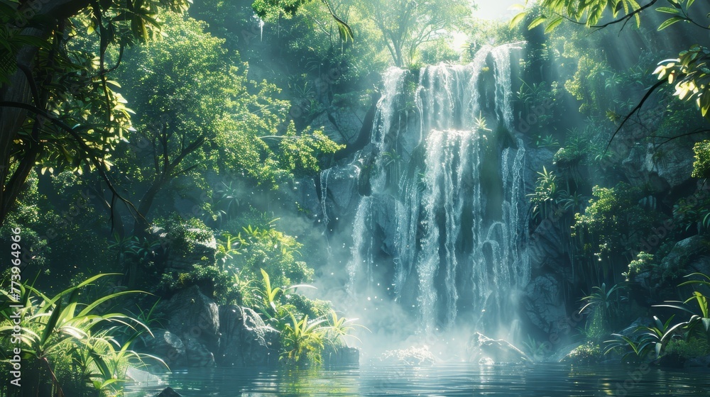 A waterfall is flowing into a river in a lush green forest. The water is clear and calm, and the sunlight is shining through the trees, creating a serene and peaceful atmosphere