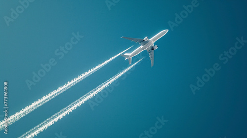 Distant passenger jet plane flying on high altitude on clear blue. A jet plane flying overhead diagonally with condensation trail.Single jet with visible smoke lines. 

 photo