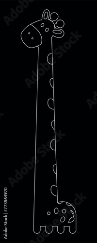 An illustration of a giraffe for coloring on a black background. Black and white illustration of a giraffe. Vector art coloring book for children on a black background. Vector illustration EPS 10