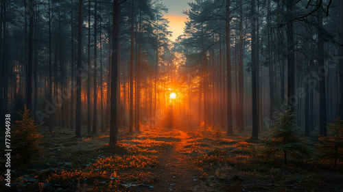 Spring Illumination: Setting sun pierces dense forest, casting warm light in vibrant illustration
