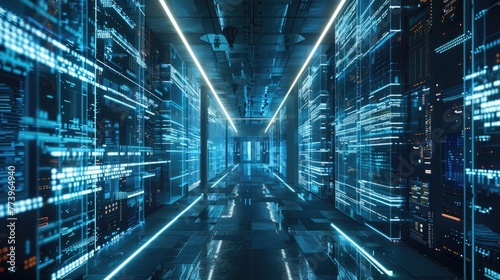 Shot of Corridor in Working Data Center Full of Rack Servers and Supercomputers with High Internet Visualisation Projection. © millenius