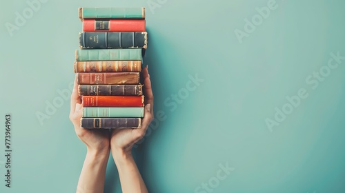 Woman hands holding pile of books over light blue background. Education. Generative Ai photo
