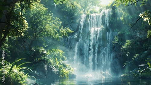 A waterfall is flowing into a river in a lush green forest. The water is clear and calm  and the sunlight is shining through the trees  creating a serene and peaceful atmosphere