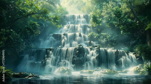 A waterfall with a lush green forest in the background. The water is crystal clear and the sunlight is shining on it, creating a serene and peaceful atmosphere
