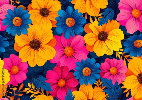 Vibrant floral arrangement in blue  orange  pink  and yellow colors on a dark background