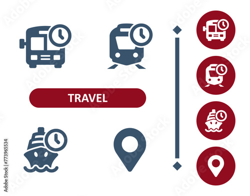 Travel icons. Tourism, bus, train, schedule, cruise ship, destination, location, map pin, map marker icon