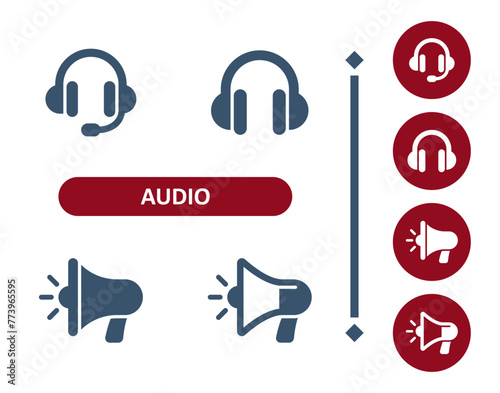 Audio icons. Sound, headphones, headset, megaphone, bullhorn, loudspeaker icon