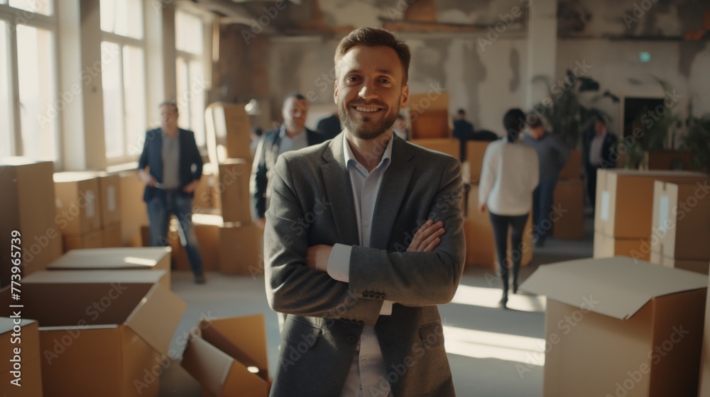 Fototapeta premium A handsome smiling middle-aged businessman stands with his arms crossed and looks at the camera, behind him is an office space filled with boxes and busy working people, a small business