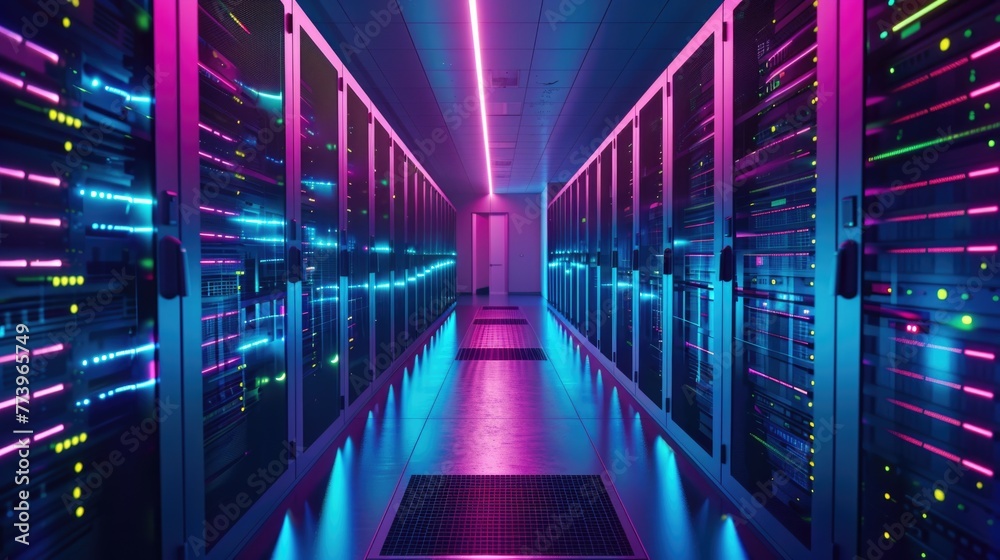 Shot of Corridor in Working Data Center Full of Rack Servers and Supercomputers with High Internet Visualisation Projection. Shot of Corridor in Working Data Center Full of Rack Servers and Supercomputers with High Internet Visualisation Projection.