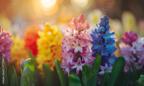 hyacinths in the sun litght. Easter spring background, Generative AI  photo