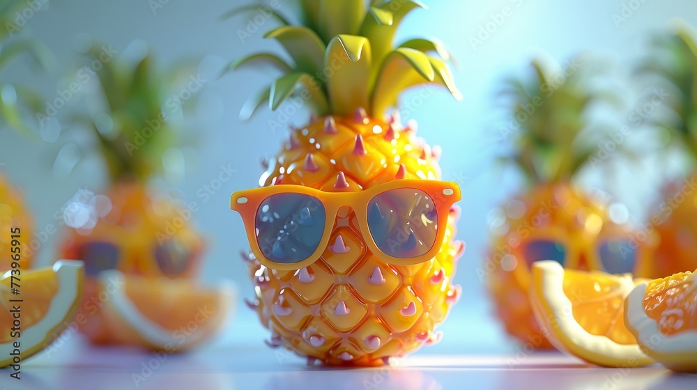 Fototapeta premium A pineapple wearing sunglasses is the main focus of the image. The other fruits, such as oranges, are placed around the pineapple, creating a colorful and playful scene. Scene is lighthearted and fun