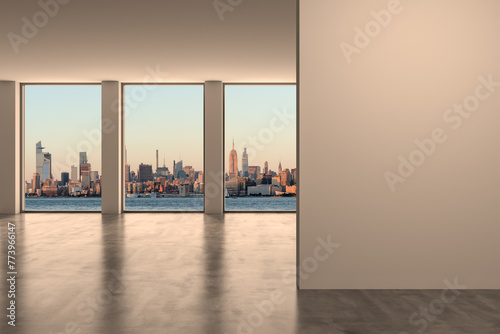 Midtown New York City Manhattan Skyline Buildings from High Rise Window. Expensive Real Estate. Empty room Interior with Mockup wall. Skyscrapers View Cityscape. Sunset. West side. 3d rendering.