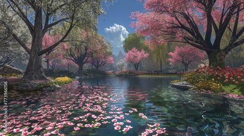A beautiful scene of a river with pink flowers and trees
