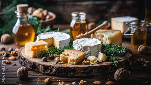 A wooden board with a variety of cheeses and nuts on it. The cheeses include a white cheese, a blue cheese, and a yellow cheese. The nuts include almonds, walnuts, and cashews