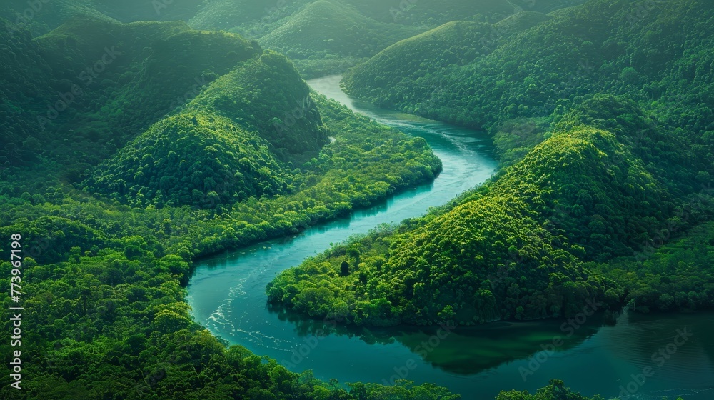A river runs through a lush green valley. The water is clear and calm, reflecting the surrounding trees and mountains. The scene is serene and peaceful A river runs through a lush green valley. The water is clear and calm, reflecting the surrounding trees and mountains. The scene is serene and peaceful