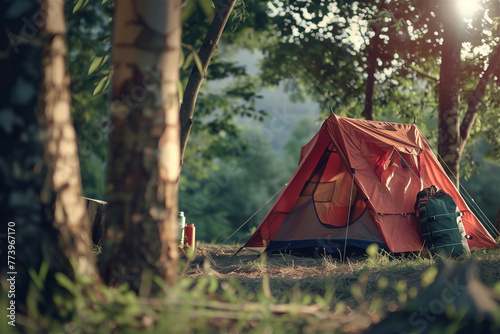 Tourist tent in forest camp among meadow with sunlight. Tourism concept