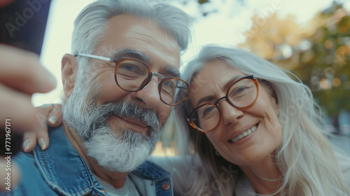 Couple of gray haired mature smiling people travel and taking selfie portrait on phone. Wonderful cheerful man and woman. Active retirees are enjoying life. A man with a gray beard and a woman, travel