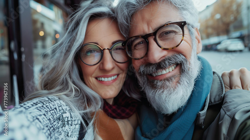 Couple of gray haired mature smiling people travel and taking selfie portrait on phone. Wonderful cheerful man and woman. Active retirees are enjoying life. A man with a gray beard and a woman, travel