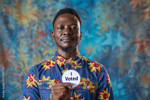 African man holding vote button on blue background, I Voted. photo