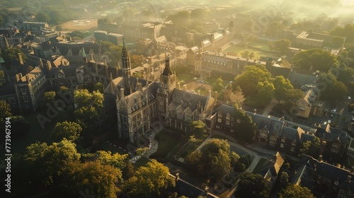 A city view with a large building in the center. The buildings are old and have a Gothic style. The sky is hazy and the sun is setting