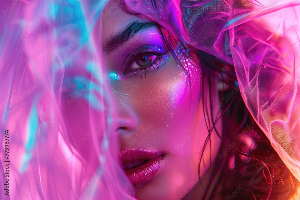 Fashion model in neon lights with UV makeup on vivid background.