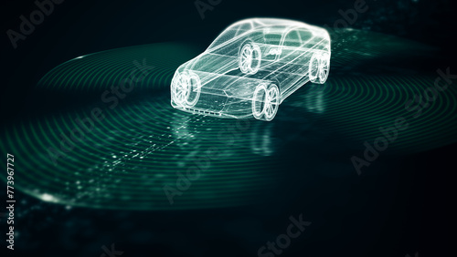 Advanced motion graphics illustrate an autonomous vehicle equipped with self-awareness and comprehensive environmental sensing, capable of operating independently without human involvement