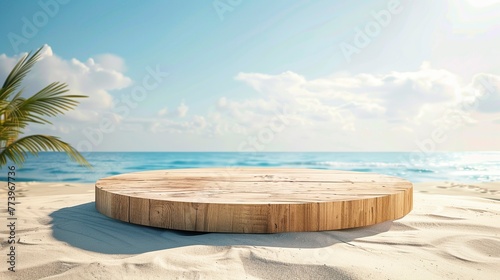 Blank Mockup of a Wooden Circle Podium Placed on the Sun-Kissed Sands of a Tropical Beach. Coastal Presentation Concept.