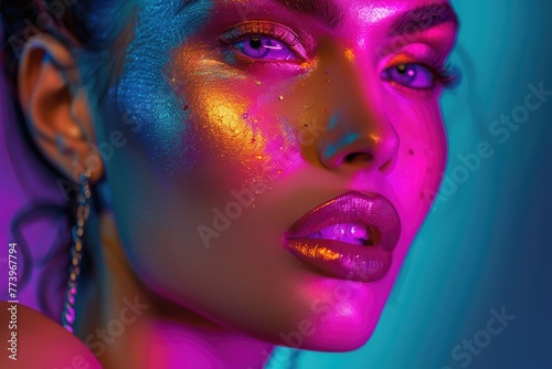 High fashion model in neon lights with vivid makeup.