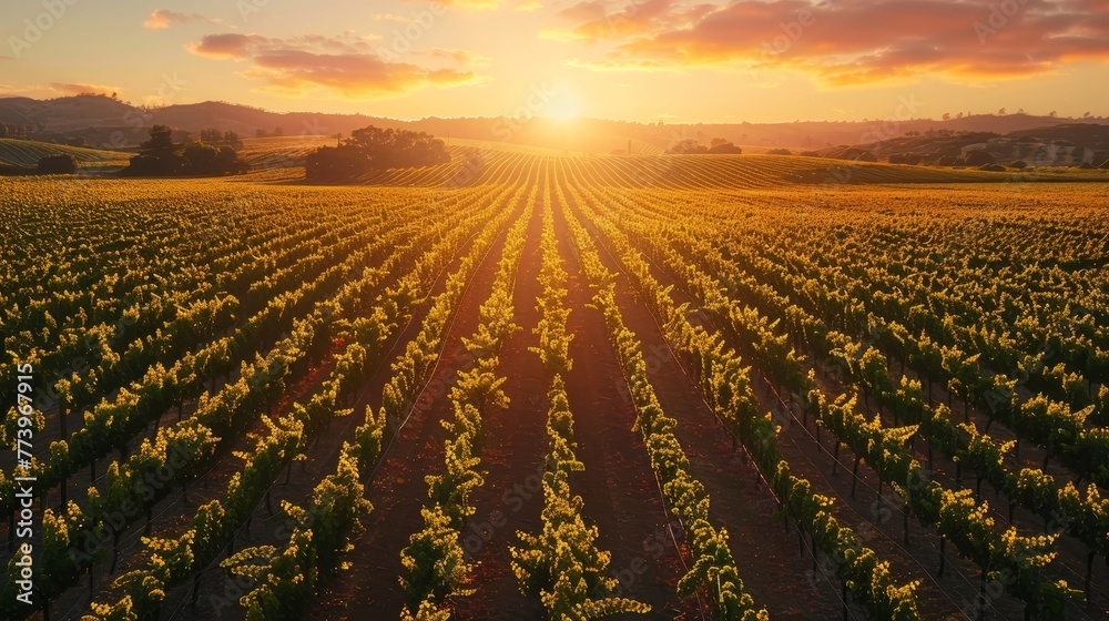 Obraz premium A field of grapes with the sun setting in the background. The sun is setting behind the hills and the sky is a mix of orange and pink. The field is full of grape vines