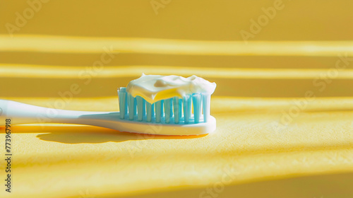 Toothbrush with toothpaste on yellow background. Taking care of teeth.